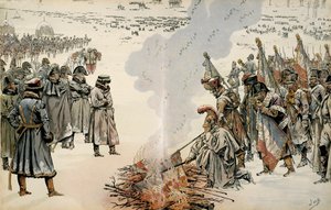 Oroszország hadjárata (1812): Oroszország visszavonulása során I. Bonaparte Napóleon (1769-1821) zászlókat és sasokat égetett el, nehogy az ellenség átvegye őket. Georges Montorgueil „” Napóleon” című művében. Illusztráció: Jacques Marie Gaston Onfray alkotó: pseudonym for Onfray de Breville Jacques Job