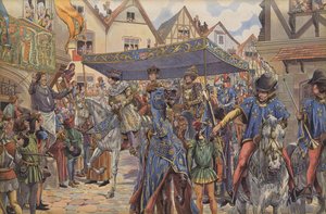 Párizs utcáin tömeg köszönti XI. Lajost, aki Burgundiából érkezik, hogy megszerezze királyságát apja, VII. Károly halála után (színes litó) alkotó: pseudonym for Onfray de Breville Jacques Job