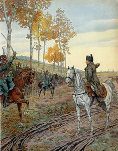 I. Bonaparte Napóleon császár (1769-1821) 1806-ban a poroszországi (Németország) hadjárat során, az 1806. október 14-i ienai csata előtt a második lovasvadász ezredet szorgalmazta. Georges Montorgueil „” Napóleon” című művében. Illusztráció: Jacques Marie alkotó: pseudonym for Onfray de Breville Jacques Job