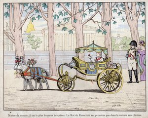 I. Napóleon Bonaparte császár (1769-1821) fiával, Napóleon herceggel, Francois Charles Joseph Bonaparte-szal, aki Róma királyává vált II. Napóleon, akit később Aiglonnak is neveztek – Napóleon nézi, ahogy Olaszország királya (II. Napóleon) megteszi első lé alkotó: pseudonym for Onfray de Breville Jacques Job