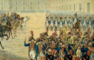 I. Bonaparte Napóleon (1769-1821) első áttekintése a konzuli őrségről a Tuileriák udvarában. Az alkotmány 1800-as elfogadása után a kormány elhagyta Peer-Luxemburgot, hogy a Tuileriákban telepedjen le. Telepítésének napján a Fi alkotó: pseudonym for Onfray de Breville Jacques Job
