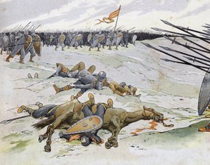 Francia-angol háború (1202-1214): katonák, akik az 1214. július 27-i bouvines-i csatában haltak meg, amely Philippe Auguste francia hadseregét állította szembe Othon IV flamandjaival és Welfeivel. „Franciaország, történetét G. Montorgueil mesélte, Job képé alkotó: pseudonym for Onfray de Breville Jacques Job