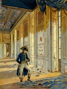 Az 1789-es francia forradalom: I. Bonaparte Napóleon (1769-1821) a Tuileries-palota tróntermében, miután a forradalmárok elvonultak, akik feldúlták a helyet. A falon ez áll: „A királyság megszűnt.” Illusztráció: Jacques Marie Gaston Onfray alkotó: pseudonym for Onfray de Breville Jacques Job