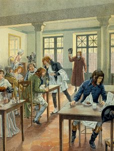 Az 1789-es francia forradalom: I. Bonaparte Napóleon (1769-1821) fiatalon a párizsi rue des petits peres (Petits-Peres) gargotier Justat-ban, egyetlen ételre csökkentve, amiért 6-ot fizetett az adag alatt. Illusztráció: Jacques Marie Gaston Onfray de alkotó: pseudonym for Onfray de Breville Jacques Job