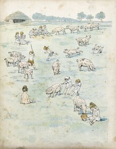 Gall gyerekek sertésekkel játszanak a mezőn. „” Franciaországban, története G. Montorgueil, imagee Job””” 1896. Magángyűjtemény. alkotó: pseudonym for Onfray de Breville Jacques Job