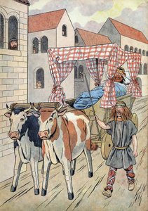 Franciaország története. Lusta királyokat ábrázoló jelenet játékokban: III. Thierry francia király (673-691) ökrök által húzott ágyú tankban hord. A „Joujoux a l