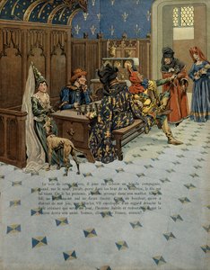 Franciaország története a középkorban (középkor): Lajos születése (az akkori XI. Lajos francia király, akit Prudentnek hívtak (1423-1483). Jelen van apjának, VII. Károly királynak (1403-1461). Illusztráció: Jacques Marie Gaston Onfray de Breville a JOB-ban alkotó: pseudonym for Onfray de Breville Jacques Job