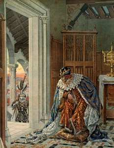 Franciaország története a középkorban (középkor): XI. Lajos francia király azt mondja, hogy az Óvatos (1423-1483) fél a páncélban a küszöbön álló haláltól. Illusztráció: Jacques Marie Gaston Onfray de Breville a JOB-ban (1858-1931) alkotó: pseudonym for Onfray de Breville Jacques Job