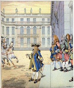 Már majdnem vártam! XIV. Lajos francia király szavai szerint Soleil király (1638-1715) a versailles-i kastély előtt beszélt, amikor karosszéi a pontos időben érkeztek. Illusztráció Jobról (Jacques Marie Gaston Onfray és Breville) (Jacques-Marie)