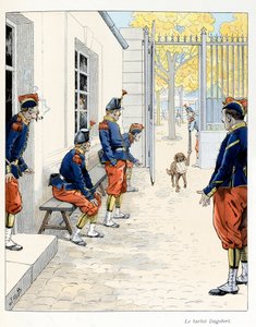 Illusztráció az „A la Glory des Betes” című könyvből, A Fabre szövege, Jacques Marie Gaston rajzai Onfray de Breville dit JOB (1858-1931), kiadó Maison Alfred Mame et fils: The Barbet Dagobert (egy párizsi laktanyában) ), Részleges gyűjtés alkotó: pseudonym for Onfray de Breville Jacques Job