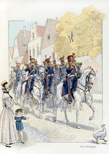 Illusztráció az „A la Glory des Betes” könyvből, A Fabre szövege, Jacques Marie Gaston rajzai Onfray de Breville dit JOB (1858-1931), kiadó Maison Alfred Mame et fils: L’oie d’Esslingen (1833-ban, ezred kabalája, fejben vonul, Gyűjt alkotó: pseudonym for Onfray de Breville Jacques Job