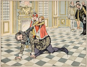 Illusztráció a „Le bon roy Henri” című könyvből, illusztrálta: Jacques Marie Gaston Onfray de Breville dit JOB (1858-1931): A spanyol nagykövet előtt IV. Henrik játszik gyermekeivel - Magángyűjtemény alkotó: pseudonym for Onfray de Breville Jacques Job