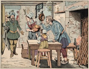 Illusztráció a „Le bon roy Henri” című könyvből, illusztrálta: Jacques Marie Gaston Onfray de Breville dit JOB (1858-1931): IV. Henrik a parasztoknál, megeszik a csirkét a fazékban - Magángyűjtemény alkotó: pseudonym for Onfray de Breville Jacques Job