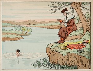 Illusztráció a „Le bon roy Henri” című könyvből, illusztrálta: Jacques Marie Gaston Onfray de Breville dit JOB (1858-1931): Oktatás a 16. században: úszás - Magángyűjtemény alkotó: pseudonym for Onfray de Breville Jacques Job