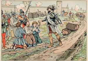 Illusztráció a „Le bon roy Henri” című könyvből, illusztrálta: Jacques Marie Gaston Onfray de Breville dit JOB (1858-1931): IV. Henrik pénzt ad és felszabadítja azokat a parasztokat, akik élelmiszert próbáltak bevinni Párizsba - Magángyűjtemény alkotó: pseudonym for Onfray de Breville Jacques Job