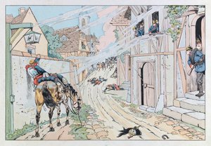 Jacques Marie Gaston Onfray de Breville az állásban (1858-1931); Illusztráció a „Les epees de France” könyvből: Az 1870-es francia porosz háború epizódja, a 9. Cuirassiers támadása Morsbronn faluban; Coll, rész alkotó: pseudonym for Onfray de Breville Jacques Job