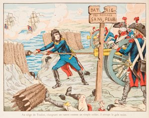 Jacques Marie Gaston Onfroy de Breville a munkában (1858-1931) – Napóleon Bonaparte maga töltötte a pisztolyt a touloni székhelyen lévő rettenthetetlen férfiak dobjaira 1793-ban, Magángyűjtemény alkotó: pseudonym for Onfray de Breville Jacques Job