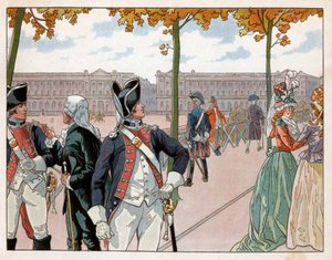 Joachim Murat (1767-1815) és Bessieres Párizsban 1791-ben a király alkotmányos őrének jelmezében. Jacques Marie Gaston metszet, Onfray de Breville dit Job (1858-1931) alkotó: pseudonym for Onfray de Breville Jacques Job