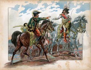 Joachim Murat (1767-1815) és Antoine Charles Louis de La Salle (Lasalle) tábornok (1775-1809) az 1807-es heilsbergi csata során. Jacques Marie Gaston metszete Onfray de Breville dit Job (1858-1931) alkotó: pseudonym for Onfray de Breville Jacques Job