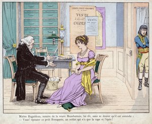 Josephine és a közjegyző – Maitre Raguideau, Beauharnais özvegy jegyzője azt mondta neki: Igen! vedd feleségül ezt a kis Bonaparte-ot - Raguidea mester és Josephine - (Te! Vedd feleségül ezt a kis Bonaparte-ot) - Job (Jacques Onfroy de Breville) litográfiá alkotó: pseudonym for Onfray de Breville Jacques Job