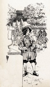 XIV. Lajos francia király Soleil királyt (1638-1715) hívta udvartársaival Versailles kertjében. Illusztráció Jobról (Jacques Marie Gaston Onfray és Breville) (Jacques-Marie) (1858-1931) a „Franciaország nagy történelmi szavai” című könyvhöz alkotó: pseudonym for Onfray de Breville Jacques Job