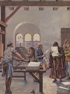 XI. Lajos király egy nyomdagépre nyomtatott dokumentumot olvas (színes litó) alkotó: pseudonym for Onfray de Breville Jacques Job