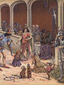 Fellépők az idős XI. Lajos francia királyt szórakoztatva (színes litó) alkotó: pseudonym for Onfray de Breville Jacques Job