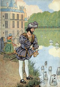 Franciaország történetének jelenete játékokban: I. Francois francia király (1494-1547) kenyeret ad a fontainebleau-i park halainak. A „Joujoux a l