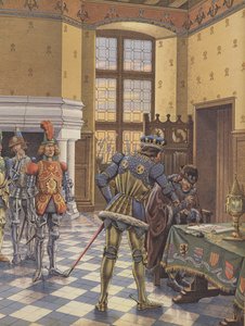 Merész Károly, Burgundia hercege szerződést köt XI. Lajos király előtt, és követeli, hogy írja alá.
