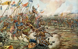 Az unokák csata a burgundok és a svájciak között Grandsonban, Svájcban, 1476. március 2-án. Illusztráció: Jacques Marie Gaston Onfray de Breville dit JOB