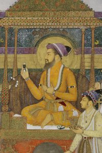Részlet a The Emperor Shah Jahan on the Peacock Throne című filmből, 1640 (átlátszatlan wc és arany papíron) alkotó: son of Aqa Riza Abid