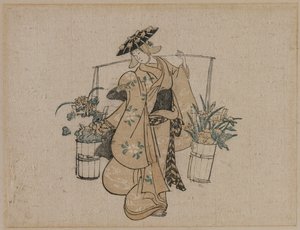 Egy szépség két vödör virágot cipel alkotó: style of Torii Kiyomasu