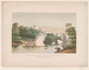 Z.M. Celebes gőzhajó harcban egy kotta-marával. Poeloe Kanamit, 1859. augusztus 6. (cím a tárgyon) alkotó: weduwe Elias Spanier and Zn