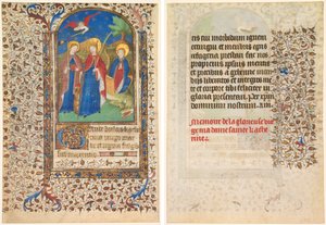 Levél az órák könyvéből: Sts. Geneviève, Alexandriai Katalin és Margaret (recto) és Szöveg (verso)