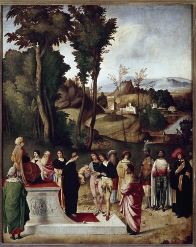 Mózes gyermek, akit a fáraó tűz és arany próbának vetett ki. részlet (Olaj, fa, 1502 körül) alkotó: Giorgione