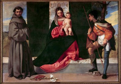 A Szűz és a Gyermek Páduai Szent Antal és Szent Rókus között Giorgio Barbarelli da Castelfranco dit Giorgione (1477-1510) festménye. 16. századi V. 0,92x1,33 m Madrid, Prado Múzeum alkotó: Giorgione