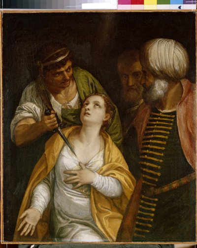 Szent Justinus mártírja. Páduai Jusztinát (3. században született – 304), az ókori Róma mártírját karddal szúrták át. Paolo Veronese (1528-1588) festménye, olaj, vászon. Olasz művészet (Velence) alkotó: (1528-88) Veronese