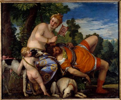 Aphrodité és Adonisz. Adonisz, a görög mitológia alakja szereti Aphroditét. Paolo Veronese (1528-1588) festménye alkotó: Veronese