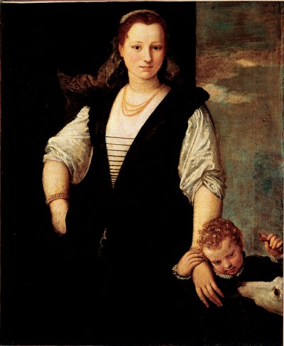 Nő portréja gyerekkel és kutyával (Francesco Bevilacqua gyermekei?) Paolo Veronese Caliari festménye (1528-1588) 16. század V. 115x95 cm Párizs, Musee du Louvre alkotó: Veronese