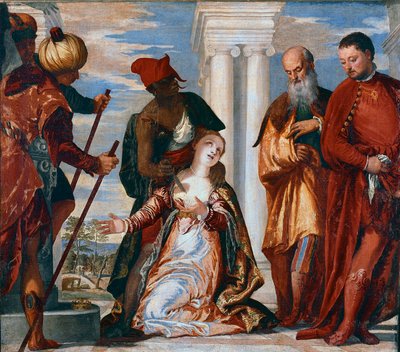Páduai Szent Justine mártíromságát egy kardcsapás szúrja át. Paolo Caliari Veronese festménye (1528-1588) alkotó: Veronese