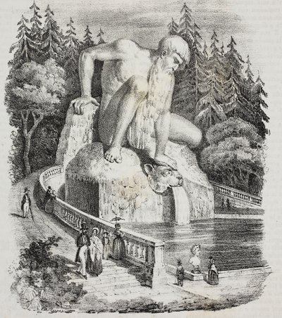 Appenninek kolosszusa (Giambologna mellett) a Villa Demidoff parkjában (Villa Medicea of ​​​​Pratolino), Vaglia, Toszkána, Olaszország, Giovanni Mariani litográfiája, Poliorama Pittoresco, n 10, október 15. alkotó: Giambologna