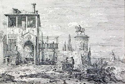 Táj lovas emlékművel (metszet) alkotó: Canaletto
