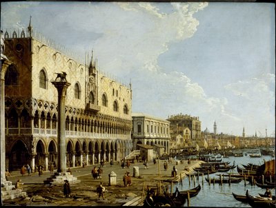 Velence: kilátás a Dózse-palotára és a Riva degli Schiavonira a Piazzettáról, 1729 körül (olaj, rézlemez) alkotó: Canaletto