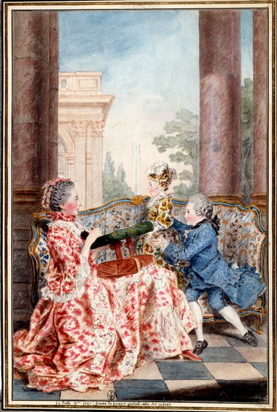 La belle Madame Caze, a farmer tábornok felesége és gyermekei Louis Carrogis (1717-1806) akvarellje, Carmontelle. 18. századi V. 0,32x0,21 m Chantilly, musee conde alkotó: Carmontelle