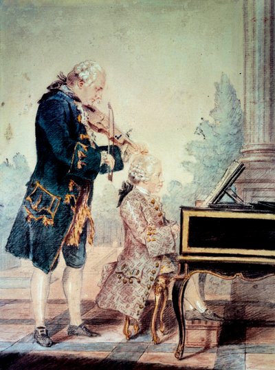 Wolfgang Amadeus Mozart (1756-1791) gyermek zongorázik apjával, Leopolddal”” Akvarell: Louis Carrogis Carmontelle (1717-1806) 1777 Párizs, Musee Carnavalet alkotó: Carmontelle