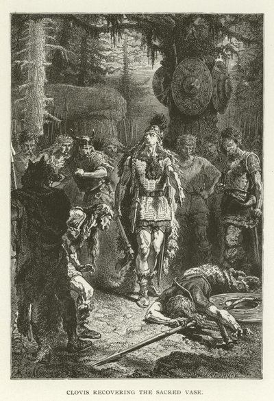 Clovis visszaszerzi a szent vázát (metszet) alkotó: (after) American School