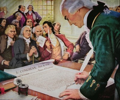 John Hancock (1737-93) aláírja az amerikai függetlenségi nyilatkozatot, 1776. július 4-én (színes litó) alkotó: (after) American School