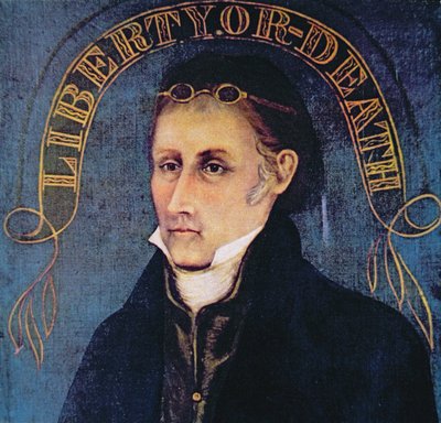 Patrick Henry, a „Szabadság vagy halál” felirattal (színes litó) alkotó: (after) American School