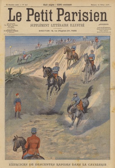 Francia lovasság gyors meredek ereszkedést gyakorló lóháton (színes litho) alkotó: (after) Carrey