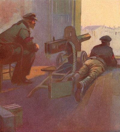 Vörös gárdisták géppuskával egy épület ablakából kifelé, orosz forradalom alkotó: (after) Carrey